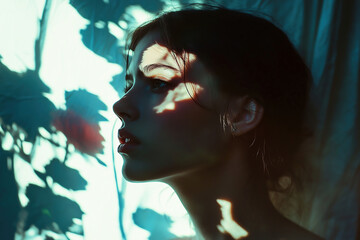 Fototapeta premium portrait woman shadow profile art abstract light face silhouette female artistic moody dramatic photography colors beauty 