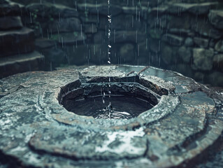 A close-up of a stone basin at an ancient site with water droplets falling into it.