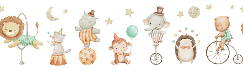 Seamless watercolor border with cute circus lion, bear and cat. Childish hand drawn background with funny animals. © Elena