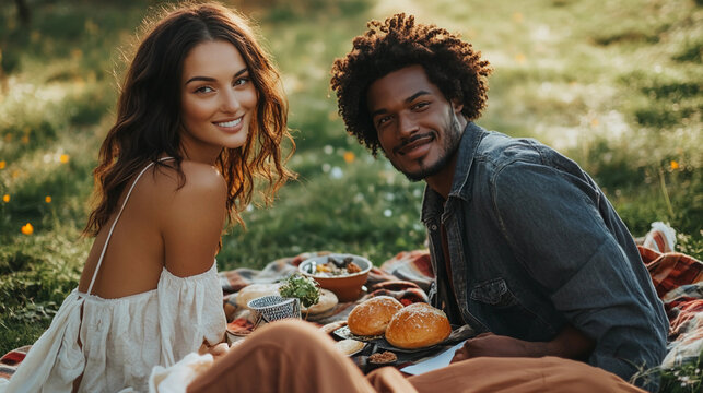 Diverse couple having picnic in countryside