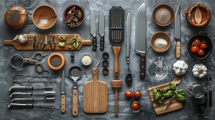 A row of kitchen utensils on a grey background.