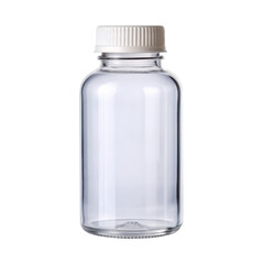 Clear glass bottle with a white cap, ideal for storing liquids, essential oils, or laboratory samples. Isolated on transparent background, png.
