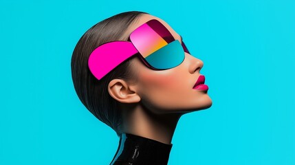 A woman with pink and purple sunglasses on her head. She is wearing a black outfit and has red lipstick