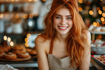 Ginger bread and smiling woman on a modern kitchen