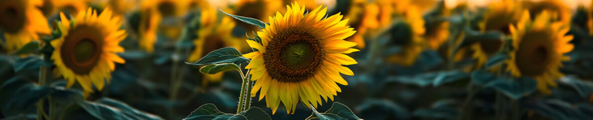 Obraz premium A vibrant sunflower field bathed in warm sunlight, capturing the essence of summer