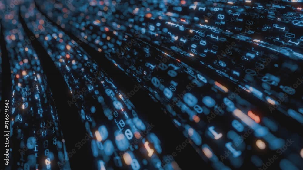 Poster Seamless loop. Flowing digital binary data on wire cable surface. Depth of field effect. Inside AI concept. Technology background, Smooth animation	