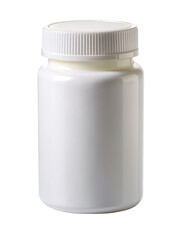 White plastic medicine bottle with a secure cap, designed for storing tablets or capsules, suitable for pharmaceutical packaging. Isolated on transparent background, png.