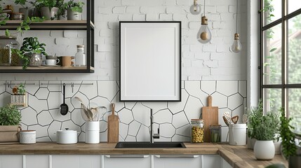 Poster mockup in scandinavian kitchen interior created with generative ai