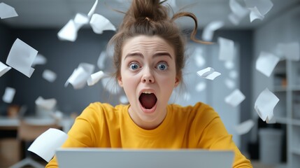 A woman in a yellow shirt is looking at a laptop with a surprised expression on her face. Concept of excitement or shock, as if the woman has just received some unexpected news or information