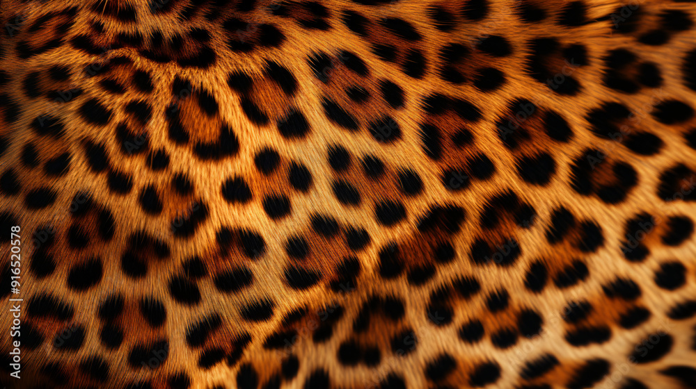 Wall mural close-up of leopard fur with detailed spots pattern. animal print and texture concept for design and