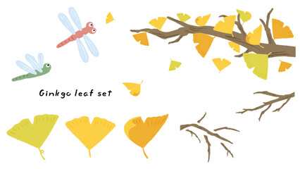 Cute hand drawn illustration set of ginkgo leaves, dragonflies and leaves falling in the wind / イチョウの葉、トンボ、風に吹かれて落ちる葉のかわいい手描きイラストセット