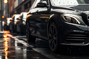Close-up of luxury black cars parked on a wet city street after rain. Urban transportation and automotive concept.