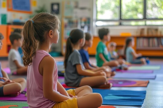 Students practicing mindfulness exercises in a serene classroom, promoting focus and mental wellbeing, back to school, mindfulness in education