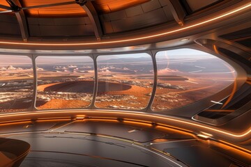 Fototapeta premium A modern space module interior, with minimalist design and advanced touchscreens, overlooking the dramatic landscape of Mars through a wide observation window.