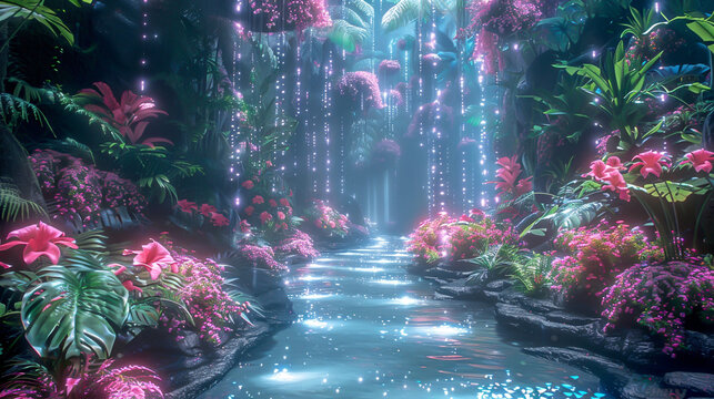 Futuristic garden with AIcontrolled irrigation, vibrant flowers, glowing pathways, scifi, digital illustration