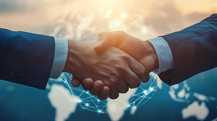 Two business people are shaking hands over a network connection