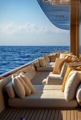 Obraz premium A close up of a sleek yacht deck, with plush seating and a view of the open sea stretching out ahead