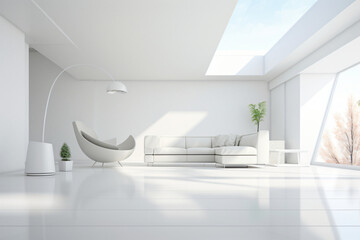 Modern white living room interior with minimalistic furniture and large windows. Architectural design and minimalist home decor concept.