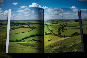 Open book with a vivid landscape photograph of green rolling hills blending into the actual countryside. Concept of immersive reading and nature.