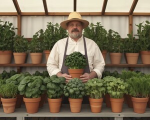 Obraz premium In a greenhouse, a seasoned gardener showcases their passion and commitment to nurturing flourishing and resilient plants.