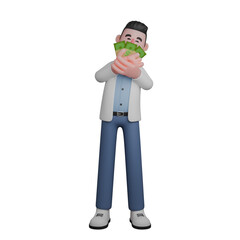Male Medical Professional in 3D. Male Character Joyfully Embracing Money. Doctor Cartoon