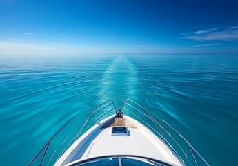 A close up of a yacht bow as it navigates through calm turquoise waters, with the horizon stretching endlessly ahead