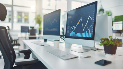 A modern office desk featuring computer monitors displaying financial graphs and data. Business, finance, and technology concepts.