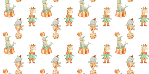 Seamless watercolor pattern with cute circus giraffe and hippo on white background. Childish hand drawn background with funny animals.