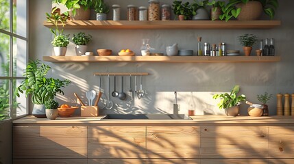 Bright sunny kitchen with window, sink, and potted plants view