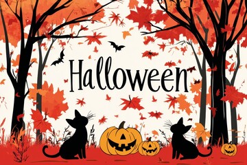 Celebrating Halloween with pumpkins, black cats, and autumn leaves in a colorful landscape