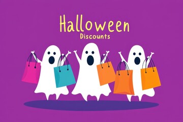 Trio of cheerful ghosts holding shopping bags for Halloween discounts on a purple background