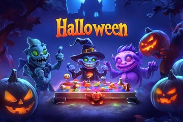 Colorful Halloween monsters gather around a spooky board game under a moonlit sky at night