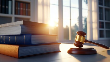 Gavel and Law Books on Table in Front of Bookshelves