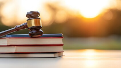Gavel and Law Books on Table in Front of Bookshelves