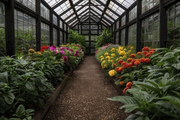 A thriving greenhouse overflowing with colorful blooms, showcasing the splendor and variety of botanical wonders.