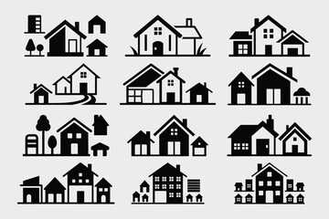 House Real Estate Flat Icons Set  Vector Illustration & Logo  Funny Cute Animal Clipart