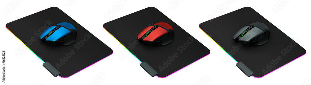 Wall mural set of wireless gaming computer mouse on pad isolated on white background with clipping path. 3d ren