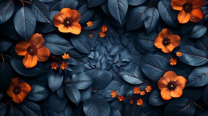 A 3D bunch of leaves and flowers on a black background, designed with ample copy space