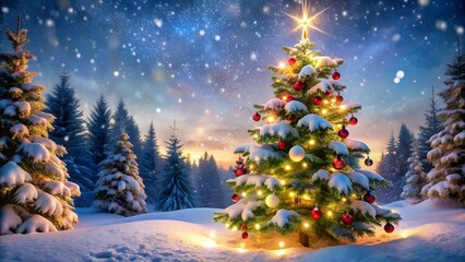 Christmas background. Xmas tree with snow decorated with garland lights, holiday festive background. Widescreen frame backdrop. New Year Winter art design