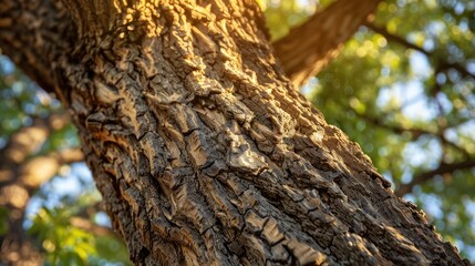 Fototapeta premium Aged tree basking in sunlight with textured diagonal lines in macro view.
