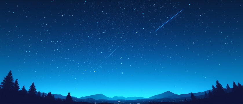 Starry night sky over a dark forest, with copy space. Anime style, for backgrounds, posters, postcards