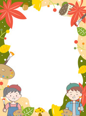 子供と芸術の秋のフレーム　紅葉　絵画
