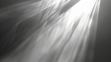 White light rays penetrate a grey, foggy atmosphere, creating a serene and peaceful ambiance, highlighting the contrast between light and dark.