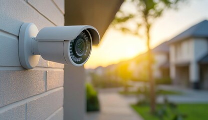 Home Security Camera on Outdoor Wall with Sunlight and Well-Kept Garden