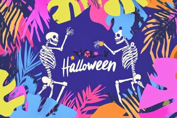 Colorful Halloween skeletons dancing among tropical foliage in a vibrant and playful illustration