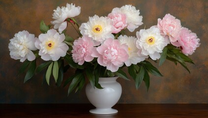 Large Bouquet of White and Pink Peonies in Elegant Vase with Scattered Leaves