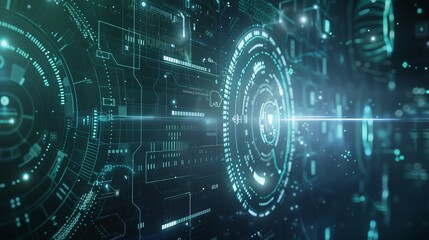 Futuristic digital interface showcasing detailed technological elements and intricate circular data displays, predominantly in green tones, conveying innovation.