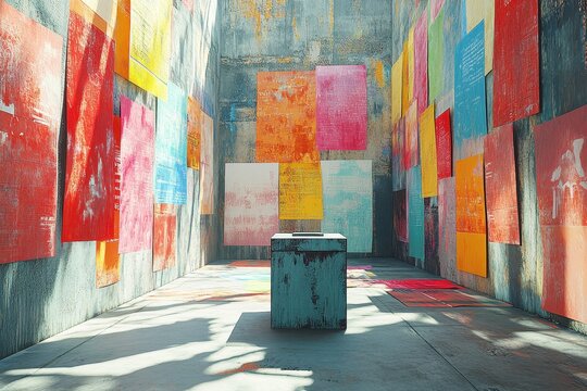 Voting for Democratic Values - Abstract Surreal Composition with Ballot Box and Colorful Banners