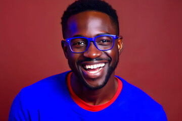 Obraz premium Portrait of a handsome funny smilling fashion black man in a blue eyeglasses