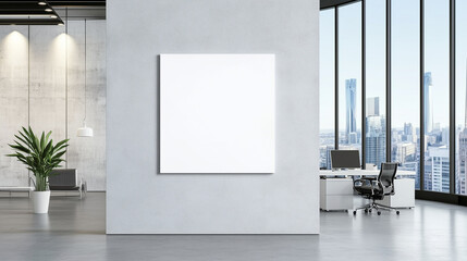Minimalist modern office interior with a square blank poster mockup on a concrete wall, featuring panoramic windows that allow natural light to flood the space. The clean and professional design empha